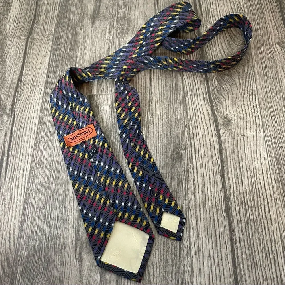 Missoni Vintage Blue Yellow Red Allover Pattern Silk Tie